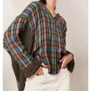 Free People ''One of the Guys'' Plaid Gauze Cotton Tunic Shirt Size S Oversize